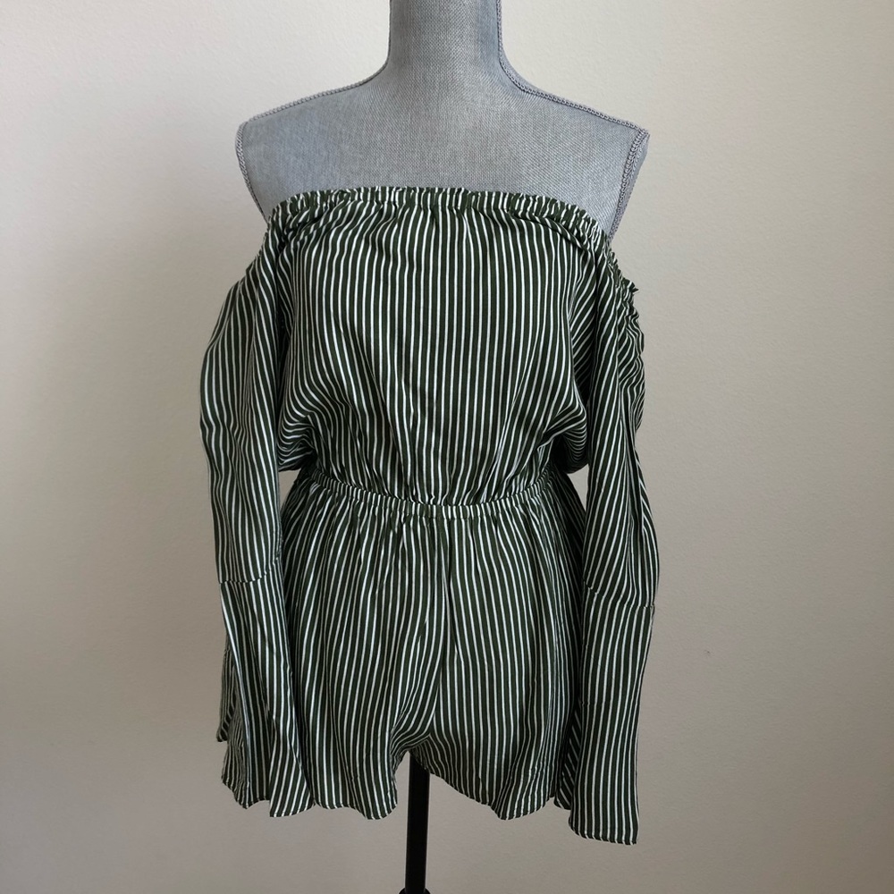 Silence + Noise Green Striped Strapless Romper
